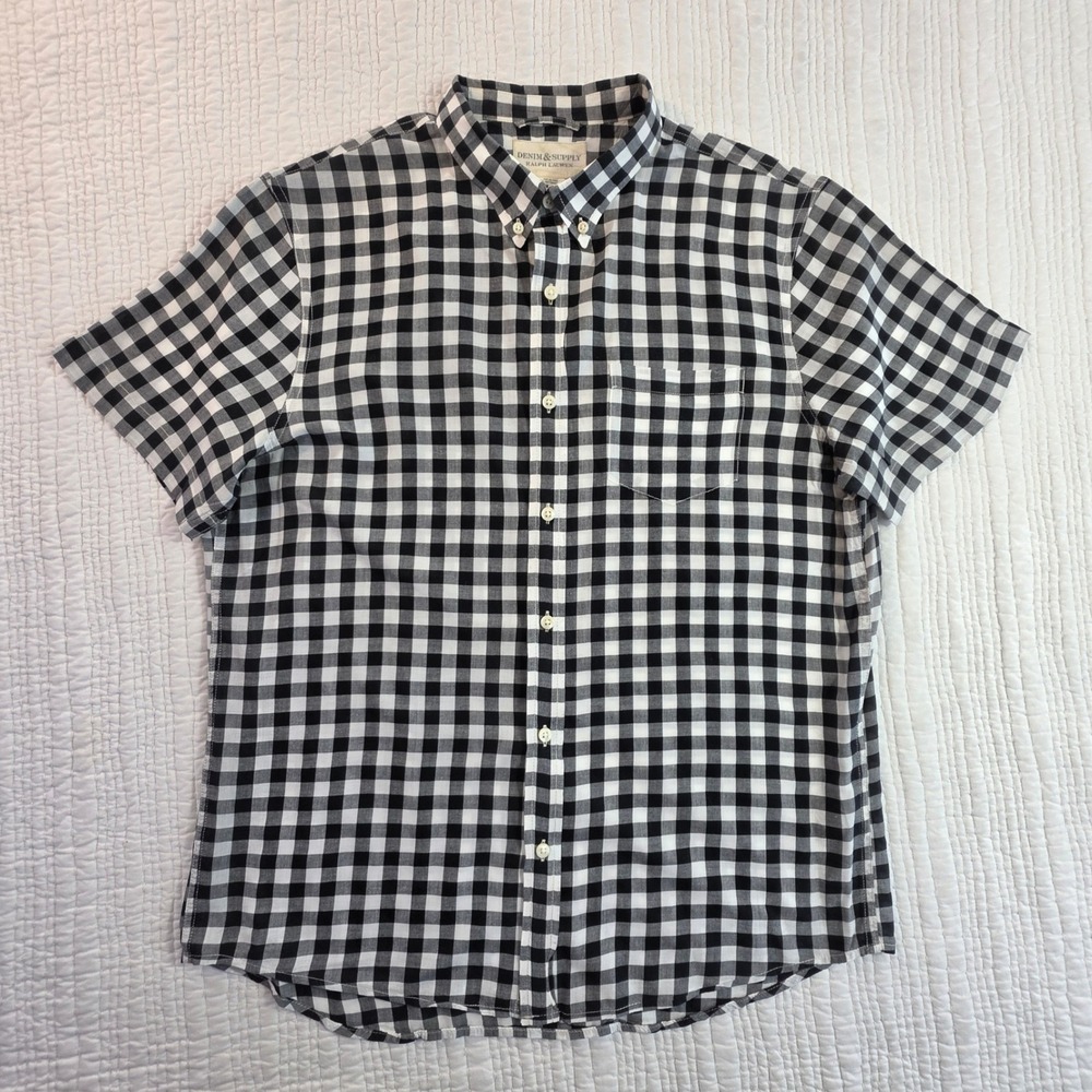 Denim & Supply Ralph Lauren Mens Large Black White Gingham Cotton Button Down